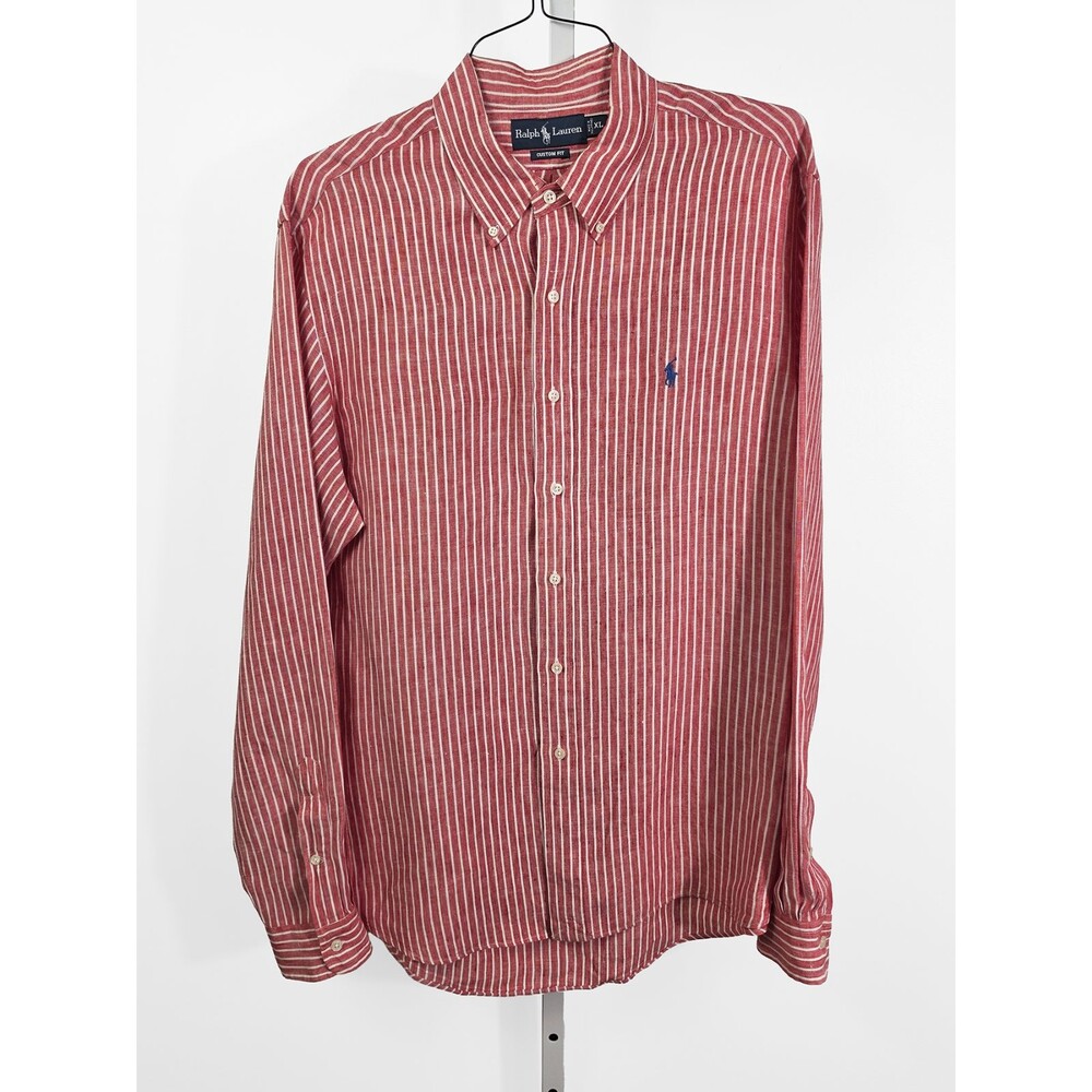 Ralph Lauren XL Linen Custom Fit Red White Men's Button Down Classic Business
